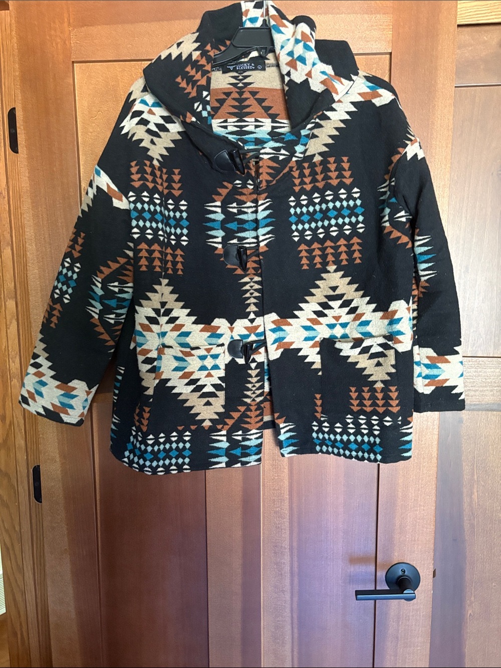 Lucky & Blessed Black Aztec Toggle Pea Coat with Teal & Brown Accents
